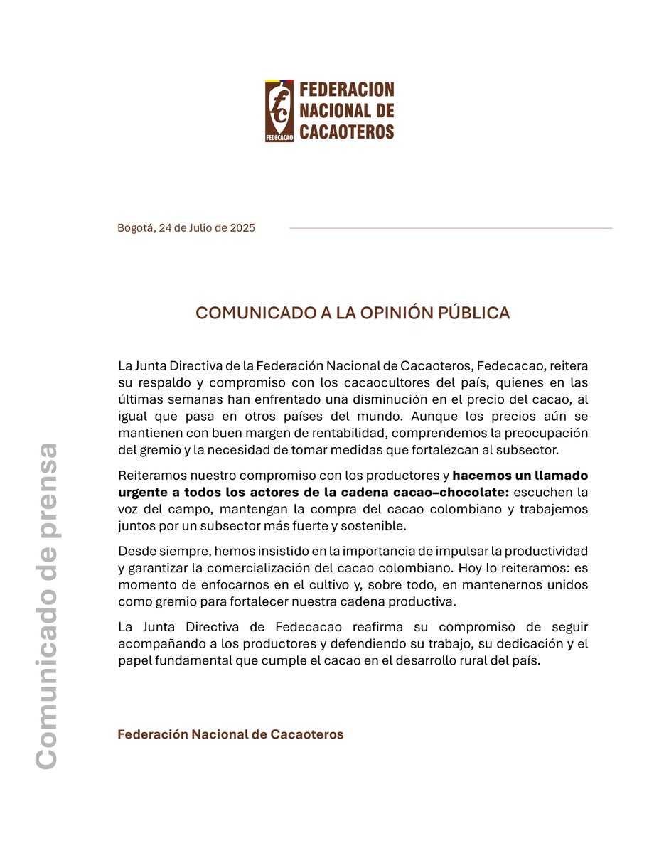 #Importante. Comunicado a la opinión pública de la Junta Directiva de Fedecacao.