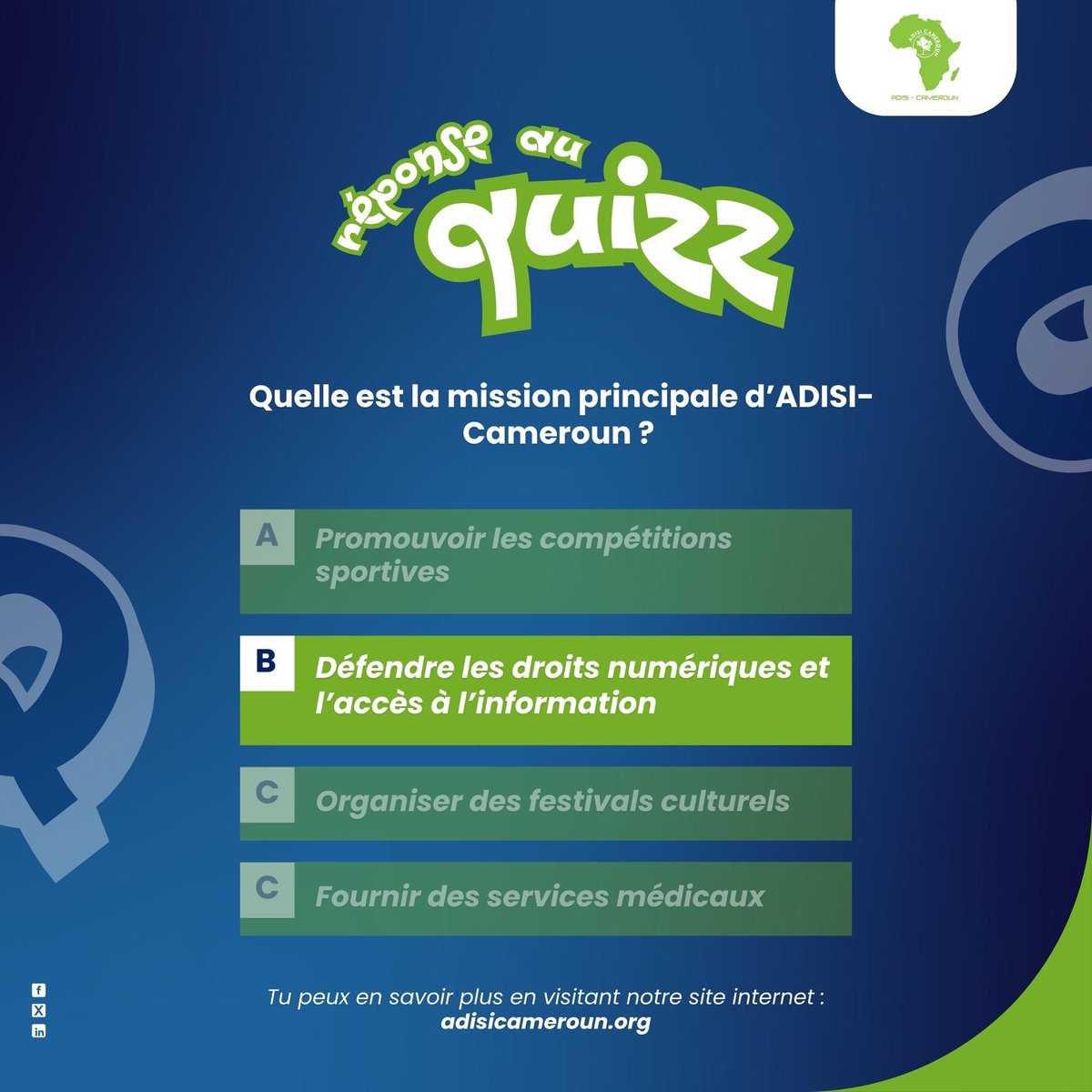Voici la bonne réponse ⤵️

La mission principale d’ADISI-Cameroun, c’est :
💡 Défendre les droits numériques et l’accès à l’information !

🔍 Découvre nos actions : adisicameroun.org