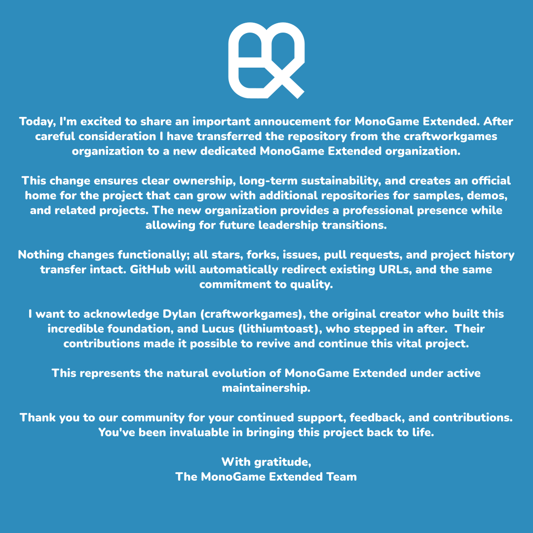 MonoGameEx's tweet photo. The next chapter for MonoGame Extended

Blog Post: https://t.co/zSweUSEmYO https://t.co/S35Fy3dzxw
