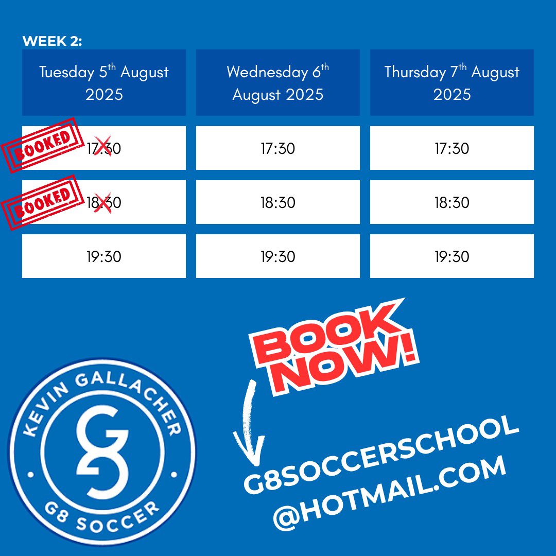 🚨 2 weeks only!! Final chance to book 🚨

DM for more info or
Book now: G8soccerschool@hotmail.com

Don’t miss out!

#Whalley #RibbleValley #FootballCoaching #Football #KevinGallacher #GrassRootsFootball