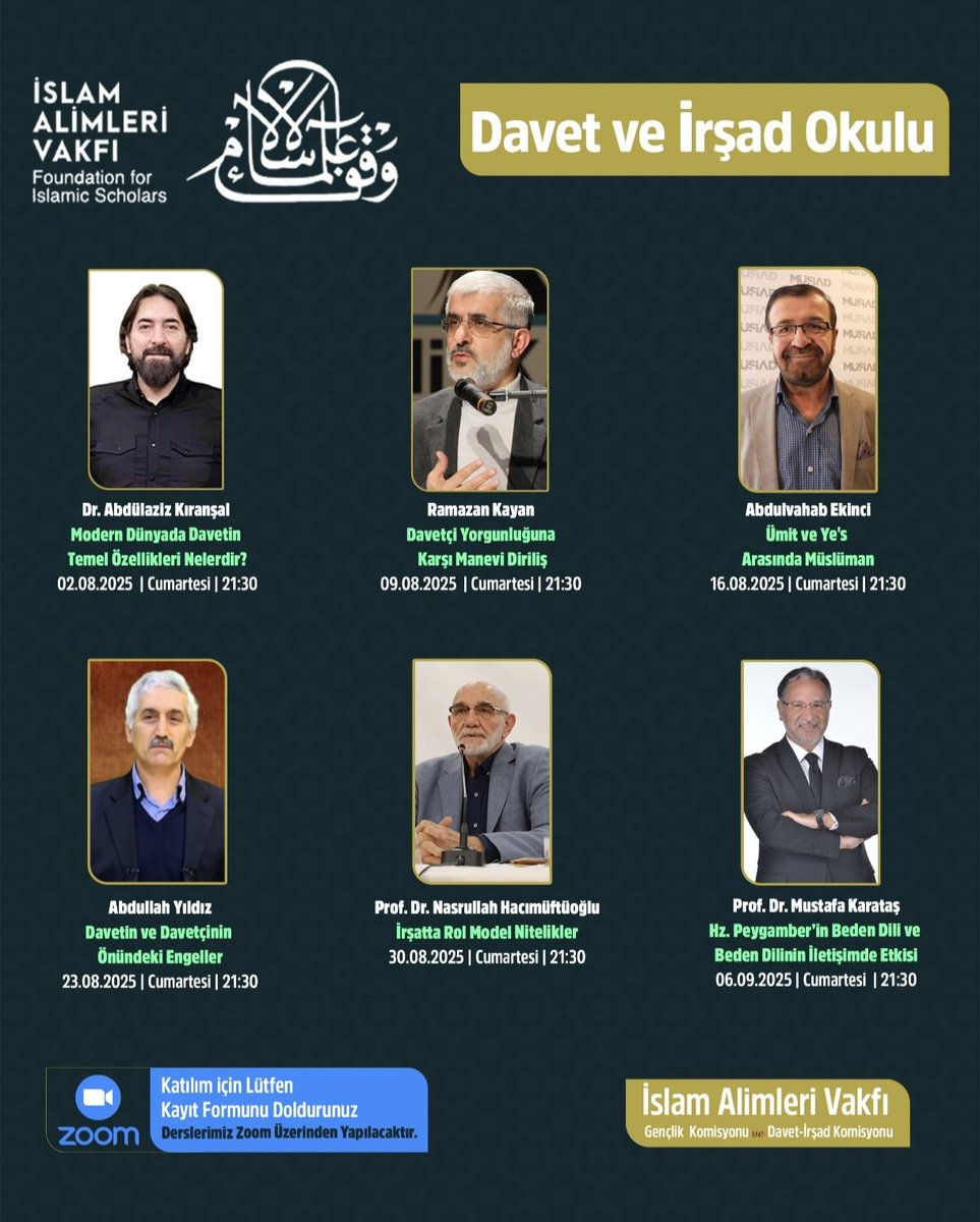 Dr. Abdulaziz KIRANŞAL (@akiransal) on Twitter photo Davet ve İrşad Okulu Derslerimiz başlıyor. Davet ve tebliğ konusunda Birbirinden değerli hocalarımızın sunumları olacak. Derslere katılım için lütfen aşağıdaki linkten katılım formunu doldurunuz.
forms.gle/o1c6Uqsd34HGYw…
<a href="/muhabbet_kapisi/">Prof.Dr. Mustafa Karataş</a> <a href="/ramazankayann/">Ramazan Kayan</a> <a href="/namazabdullah/">Abdullah Yıldız</a> Davet ve İrşad Okulu Derslerimiz başlıyor. Davet ve tebliğ konusunda Birbirinden değerli hocalarımızın sunumları olacak. Derslere katılım için lütfen aşağıdaki linkten katılım formunu doldurunuz.
forms.gle/o1c6Uqsd34HGYw…
<a href="/muhabbet_kapisi/">Prof.Dr. Mustafa Karataş</a> <a href="/ramazankayann/">Ramazan Kayan</a> <a href="/namazabdullah/">Abdullah Yıldız</a>