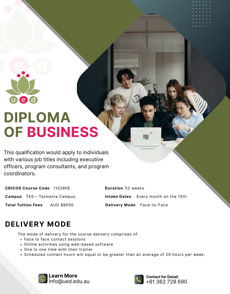 UnitySchoolD's tweet image. Launch Your Career with a Diploma of Business!
Step into the world of leadership, management, and entrepreneurship with UED’s Diploma of Business – designed for future executive officers, program consultants, and coordinators.

#DiplomaOfBusiness #StudyInAustralia