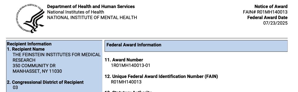 STANGlab's tweet image. Super stoked to share that we received the #NOA for our R01! We will be using speech and language markers to develop personalized, adaptive markers for #psychosis. Very grateful for the support from @NIMHgov. @zhhresearch @NorthwellHealth