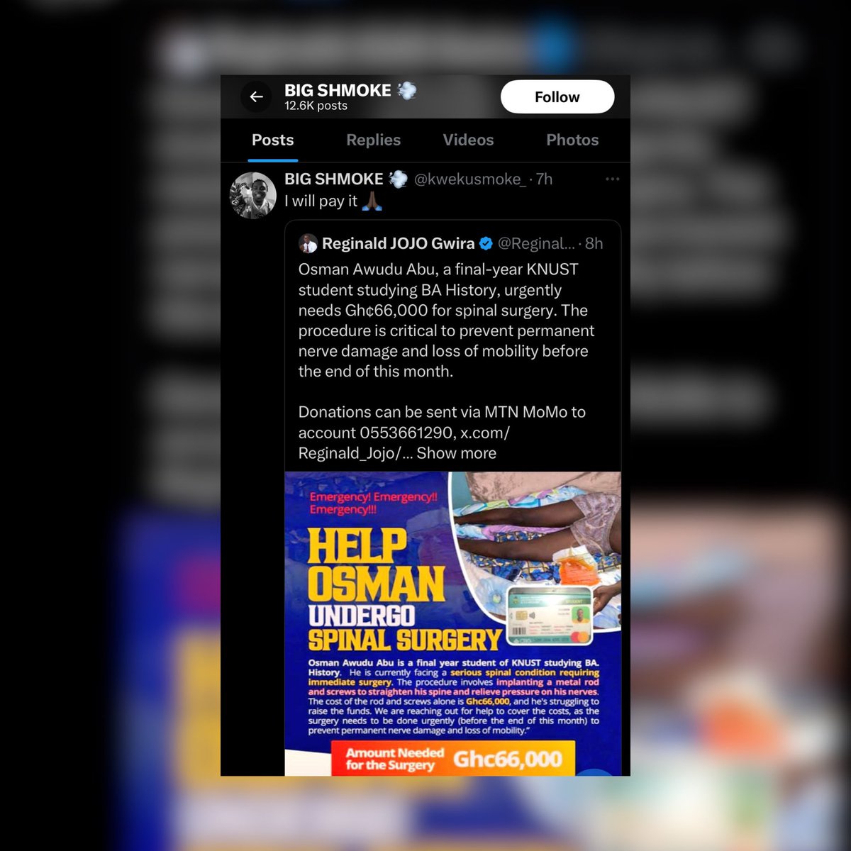 FulLCircLAfrica's tweet image. THE SAUCE🚨: @kwekusmoke_ offers to pay Gh 66,000 for a final year student in KNUST for a spinal surgery via X . Making impact outside the music industry 👏