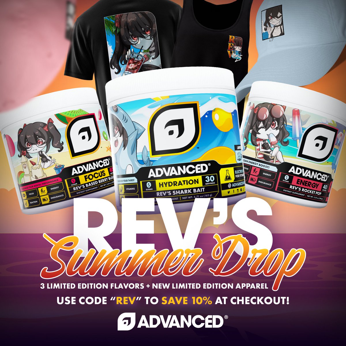 Rev_says_desu's tweet image. HUGE ANNOUNCEMENT!

My summer merch drop is finally here! 3 brand new flavor jars, tshirts, tank tops, &amp;amp; hats! 

Couldn&apos;t do this without all your support!

Don&apos;t forget to use code &quot;Rev&quot; for 10% off your order (: