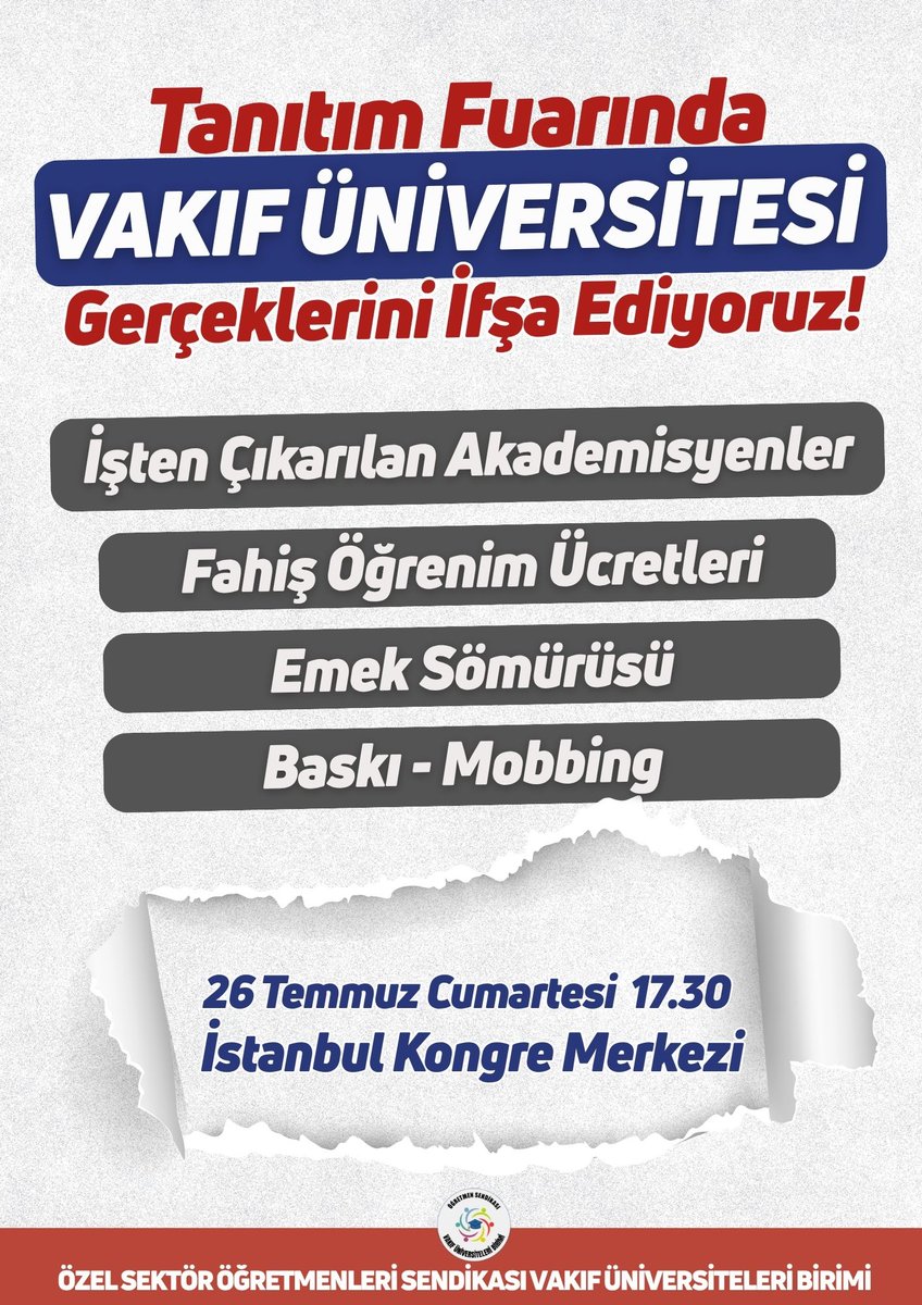📢📢 Tanıtım Fuarında Vakıf Üniversitesi Gerçeklerini İfşa Ediyoruz❗️

Vakıf üniversitesi akademisyenleri olarak Üniversite Tercih ve Tanıtım Fuarı'nda gerçekleri haykıracağız!

Kendilerini pazarlamak için yarışa giren üniversitelerin, her yaz onlarca akademisyeni toplu halde