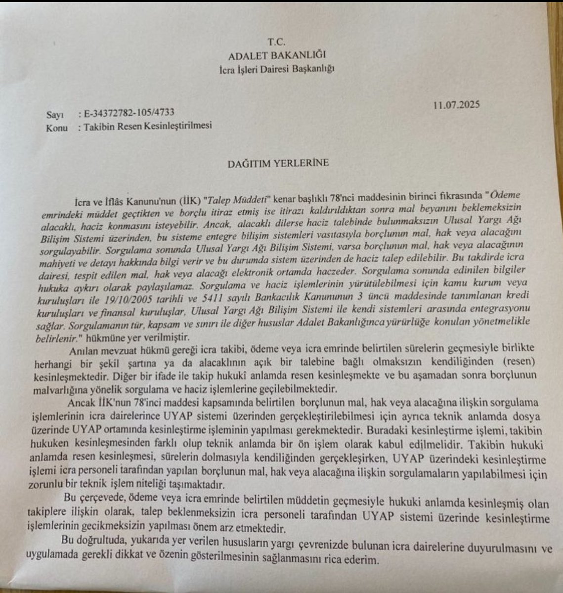 icra takibi kesinleştirmesinin resen ve gecikmeksizin yapılması gerektiğine dair’ icra işleri daire başkanlığı’nın yazısı