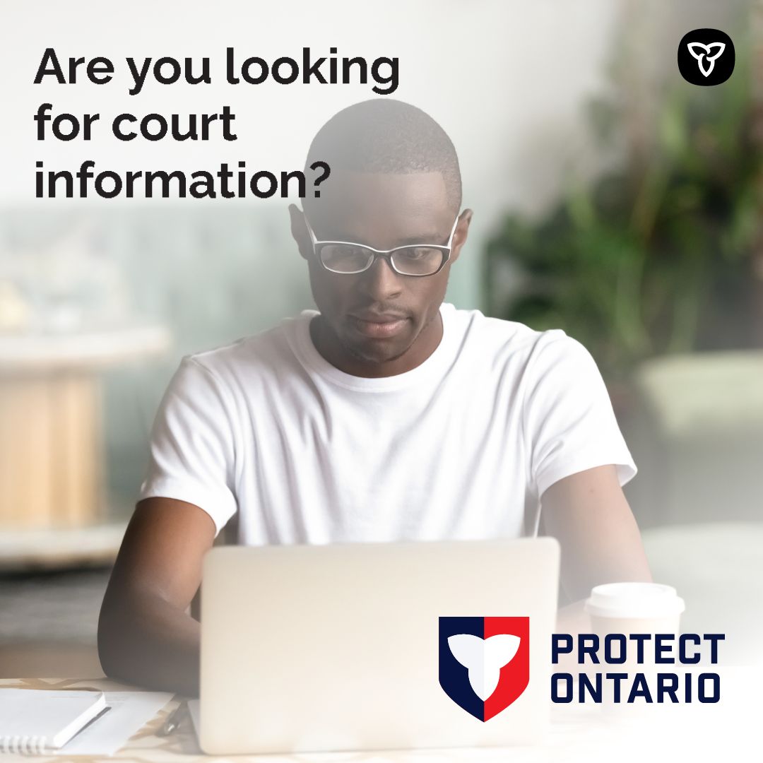 If you’re looking for court information, #DYK you can find it online?

Criminal and civil court cases in the Superior Court of Justice or adult criminal cases in the Ontario Court of Justice can be searched through the court case lookup tool.

🔗: ontario.ca/page/search-co…