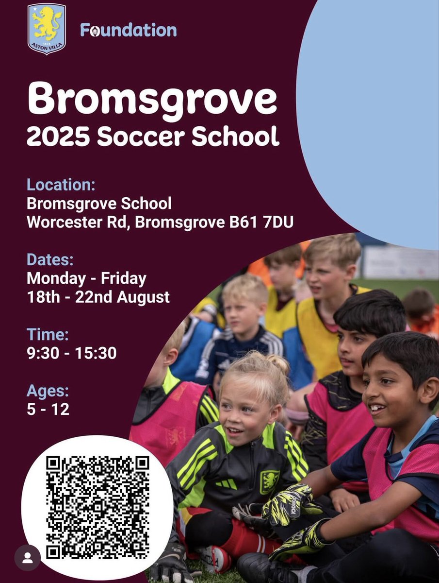 ⚽️ Join the Aston Villa Football Camp at Bromsgrove School - 18th-22nd August 2025

⚽️ Open to boys and girls aged 5–12, this action-packed week is perfect for young football fans of all abilities

⚽️ £97 for the full week

Book here: tickets.avfc.co.uk/en-GB/events/b…