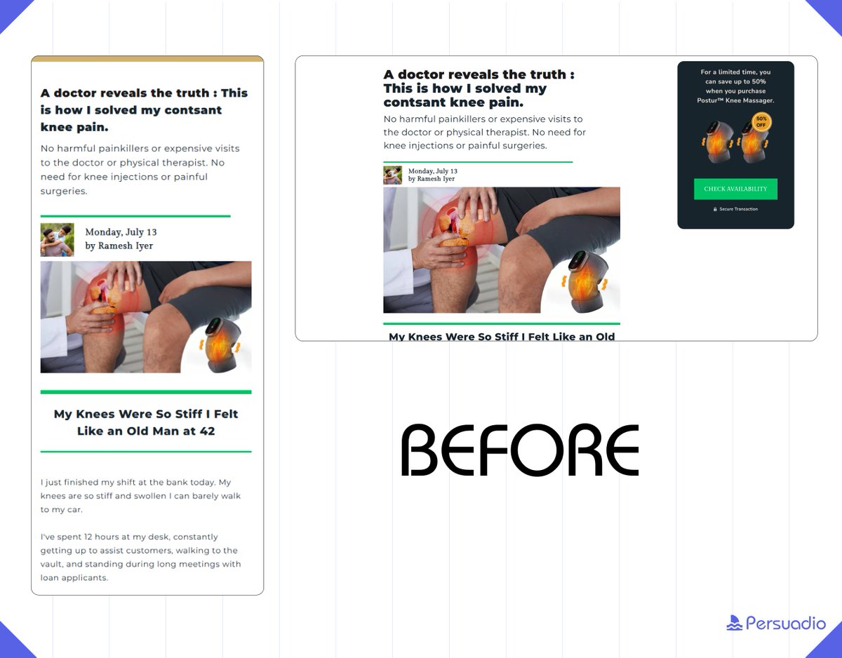 BotondBense's tweet photo. Day 21-30

Rewriting Headlines+Subheadlines For Advertorials I Find On Meta Ads Library

Today I didn't make much progress, could've worked more, I bitched out for a few hours,

Aiming for more tomorrow

Now, talking about the copy, the brands original was the most common and template based headline you could imagine, so I had to change it,

With today's copy I focused more on the emotional side of curiosity, trying to perfect it

Their design was very meh, but not terrible 

lmk if you have any suggestion or advice