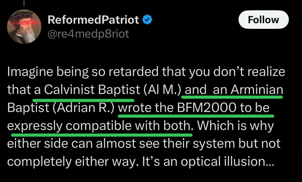 ProvisionistP's tweet image. The main problem that Southern baptist congregations face with "Stealth Calvinism" is the intentional ambiguity of the BFM2K.
It either needs to be changed or churches need to add the "Traditional SB Statement" to their constitution and/or bylaws. /rant