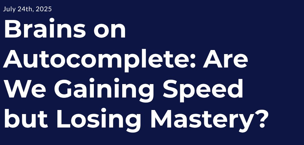 ardanlabs's tweet image. Are we writing code faster but thinking less? 🧠⚠️
AI tools like Copilot speed things up, but they may also weaken the skills we rely on most.
From cognitive debt to dev experience, we explore the tradeoffs:
Brains on Autocomplete →ardanlabs.com/news/2025/brai…
#AI #DevTools…