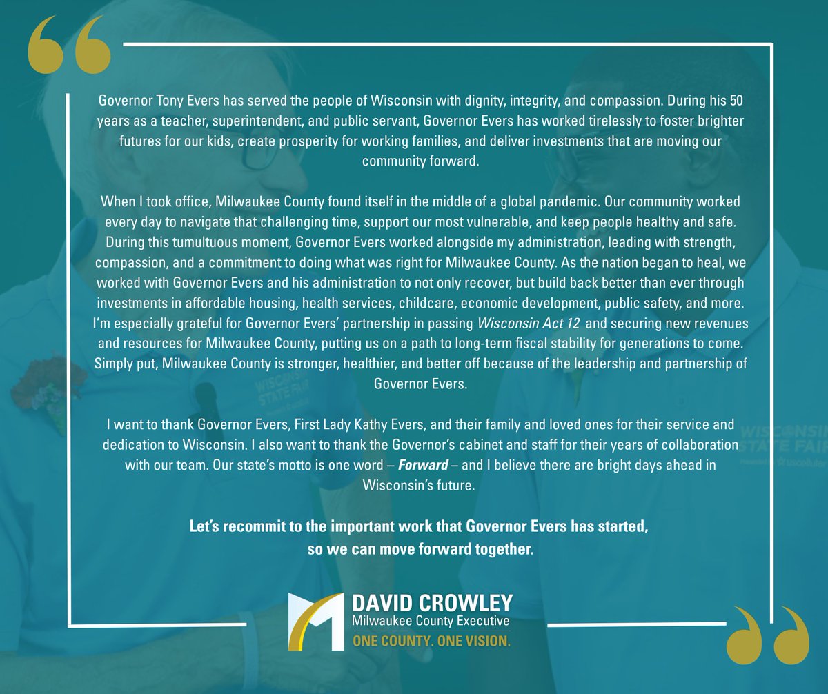 DavidCrowleyWI's tweet image. Governor Tony Evers has served the people of Wisconsin with dignity, integrity, and compassion.
I want to thank @GovEvers, First Lady Kathy Evers, and their family and loved ones for their leadership, service, and dedication to the great State of Wisconsin.
My full statement…