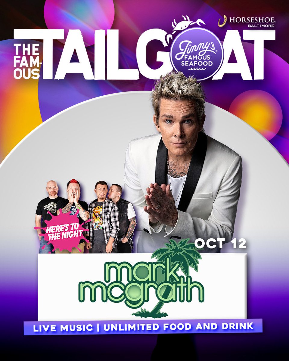 The TailGOAT (@thetailgoat) on Twitter photo 🕺 <a href="/mark_mcgrath/">Mark McGrath</a> comes to Baltimore on October 12th! Sugar Ray’s lead vocalist will be performing with <a href="/HTTN90/">Here's to the Night</a> before The <a href="/Ravens/">Baltimore Ravens</a> battle LA!
🎟️ Tix on sale now! 🏈 🕺 <a href="/mark_mcgrath/">Mark McGrath</a> comes to Baltimore on October 12th! Sugar Ray’s lead vocalist will be performing with <a href="/HTTN90/">Here's to the Night</a> before The <a href="/Ravens/">Baltimore Ravens</a> battle LA!
🎟️ Tix on sale now! 🏈