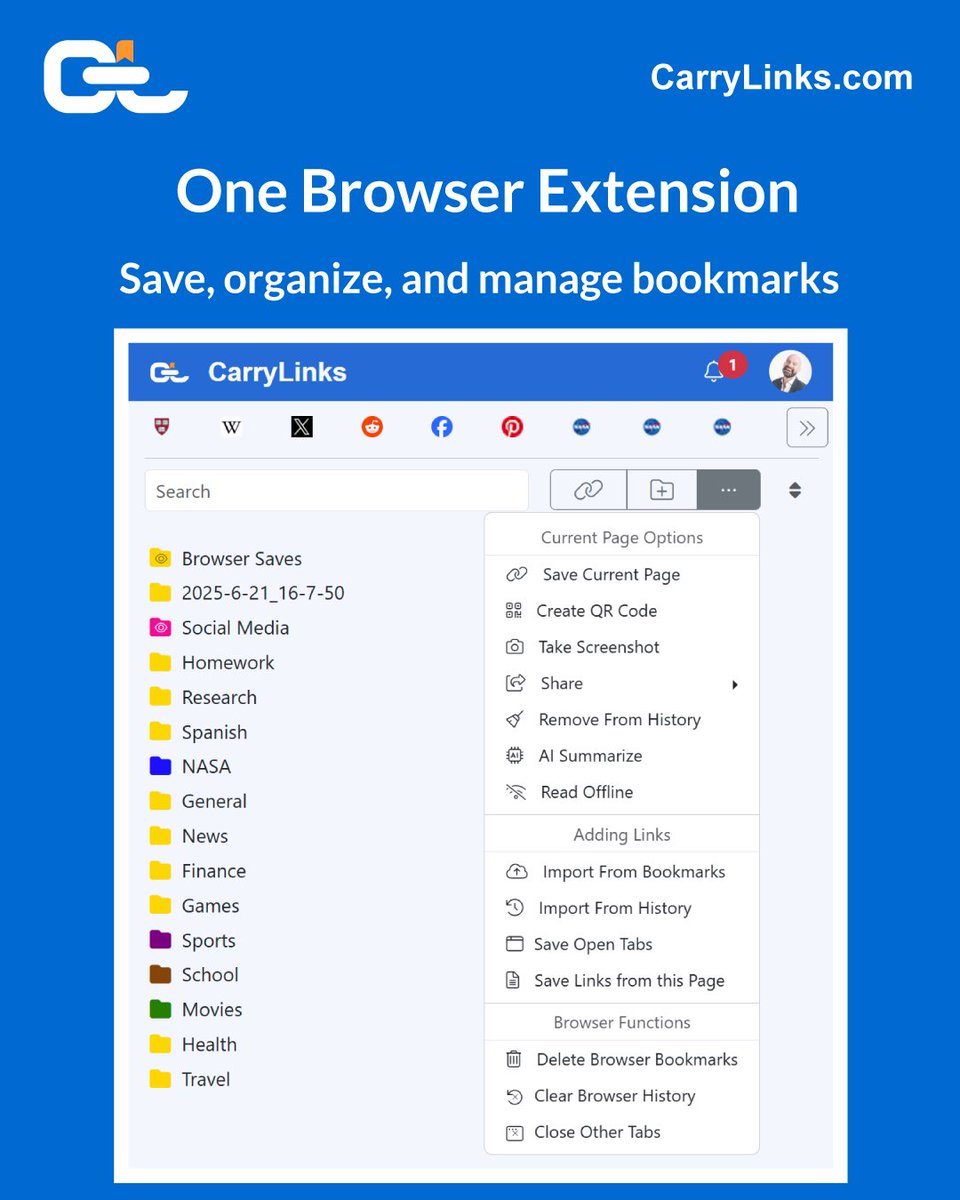 CarrylinksLLC's tweet photo. One browser extension. Built for all your bookmarks.
CarryLinks lets you save, organize, and manage bookmarks — across all browsers, devices, and operating systems.

We built it to work for everyone, everywhere.

#CarryLinks #BookmarkManager #BrowserExtension https://t.co/lEnhKT3xdD