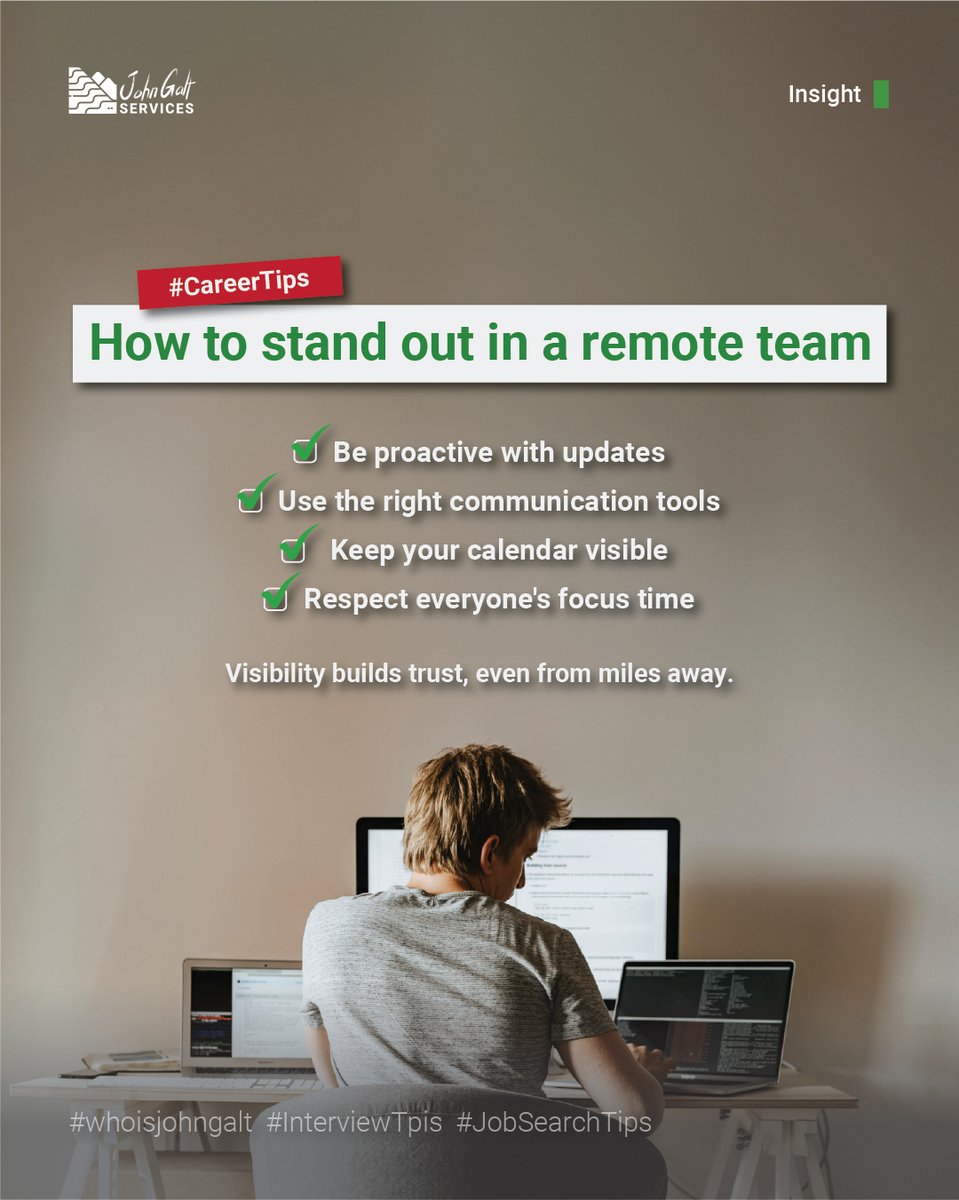 Want to stand out in a remote team?
It’s not just about what you do—it’s how you show up.

✔️ Proactive updates
✔️ Transparent communication
✔️ A visible calendar
✔️ Respect for focus time

At John Galt Services, we help businesses from the U.S., UK, and Canada run smoothly by