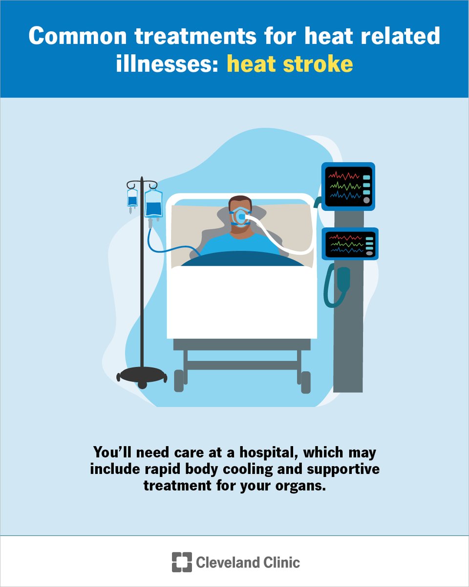 ClevelandClinic's tweet image. Treatment depends on the type of heat-related illness. You can usually manage heat rash and heat cramps on your own. You should seek medical attention for heat exhaustion and heat stroke while taking measures to cool your body.