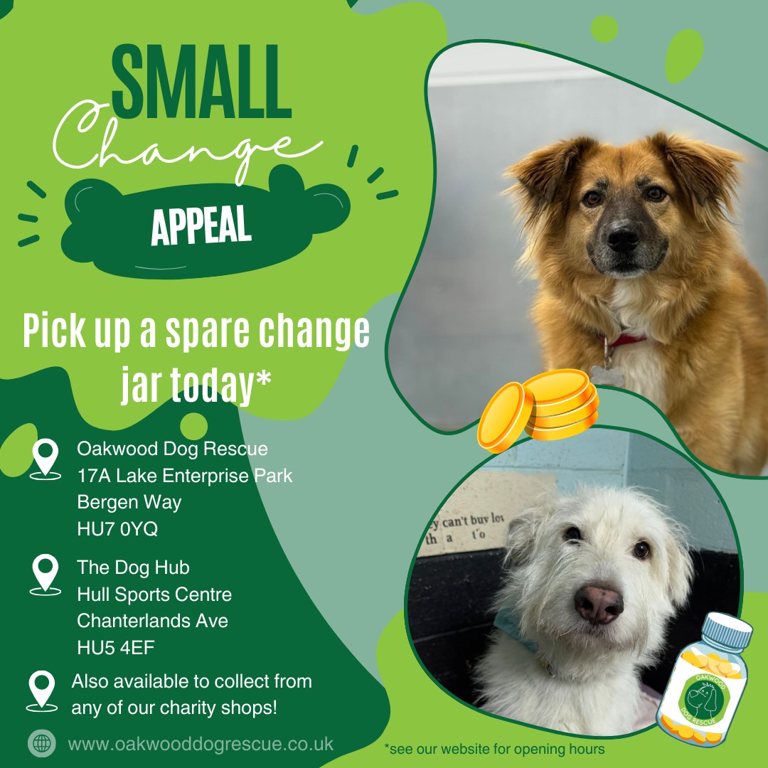 OakwoodRescue's tweet image. Have you heard about our Small Change Appeal? 💰
It's super simple - you can visit one of our sites to collect a jar, or just start collecting your spare change in any jar you have at home!
Once your jar is full drop it off at any of our locations!
Every penny adds up! 💚