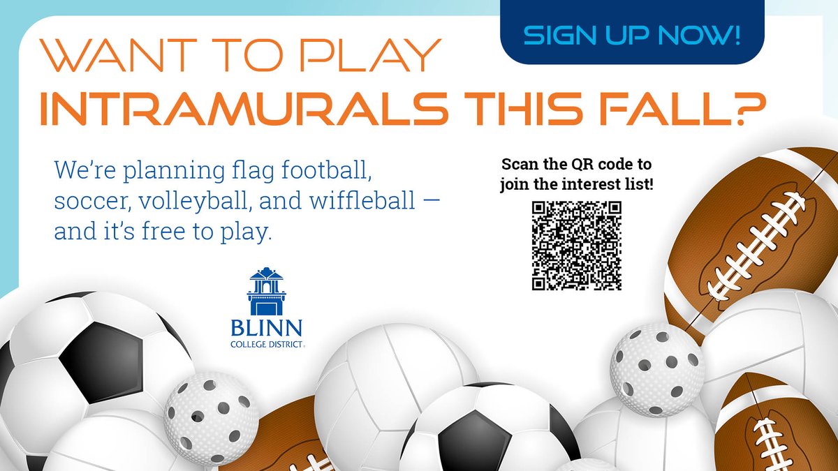 BlinnCollege's tweet photo. Make this fall unforgettable with intramural sports! πͺ Compete, connect, and have a blast with your classmates on the #BlinnBryan Campus.
Grab your gear and sign up today! β½ππ
π https://t.co/9kkS7GrvId https://t.co/KnpThGbCKA
