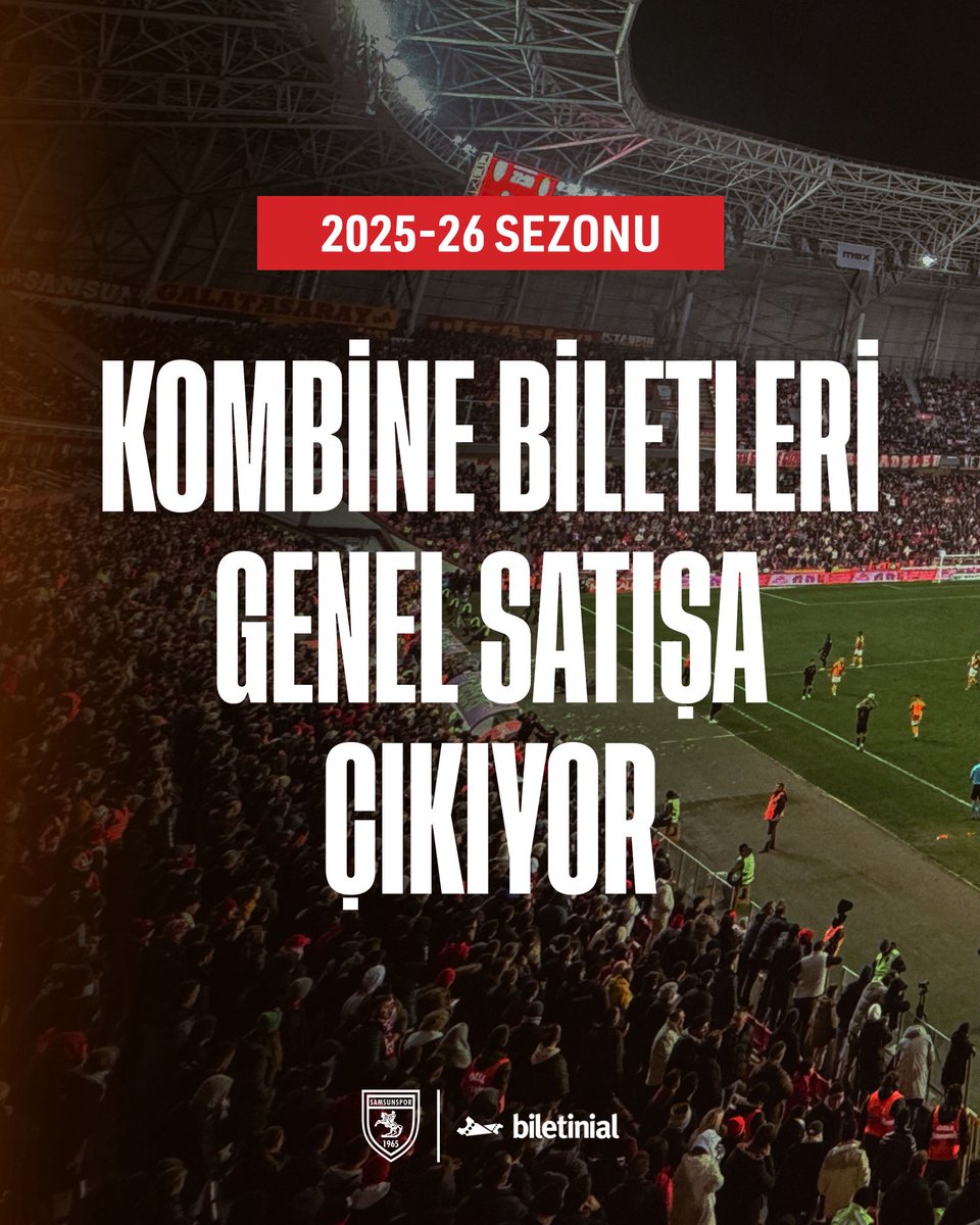 Samsunspor's tweet image. 🎟️ 2025-2026 Sezonu Kombineleri Genel Satışa Çıkıyor!
25 Temmuz Cuma günü saat 11.00 itibarıyla yeni sezon kombinelerini alabilir, bu tarihi sezonda yerini şimdiden ayırtabilirsin! 🔴⚪
• 8 Ağustos’a kadar kombine alan herkese Digiturk üyelik şifresi hediye!
• Kadın, öğrenci…