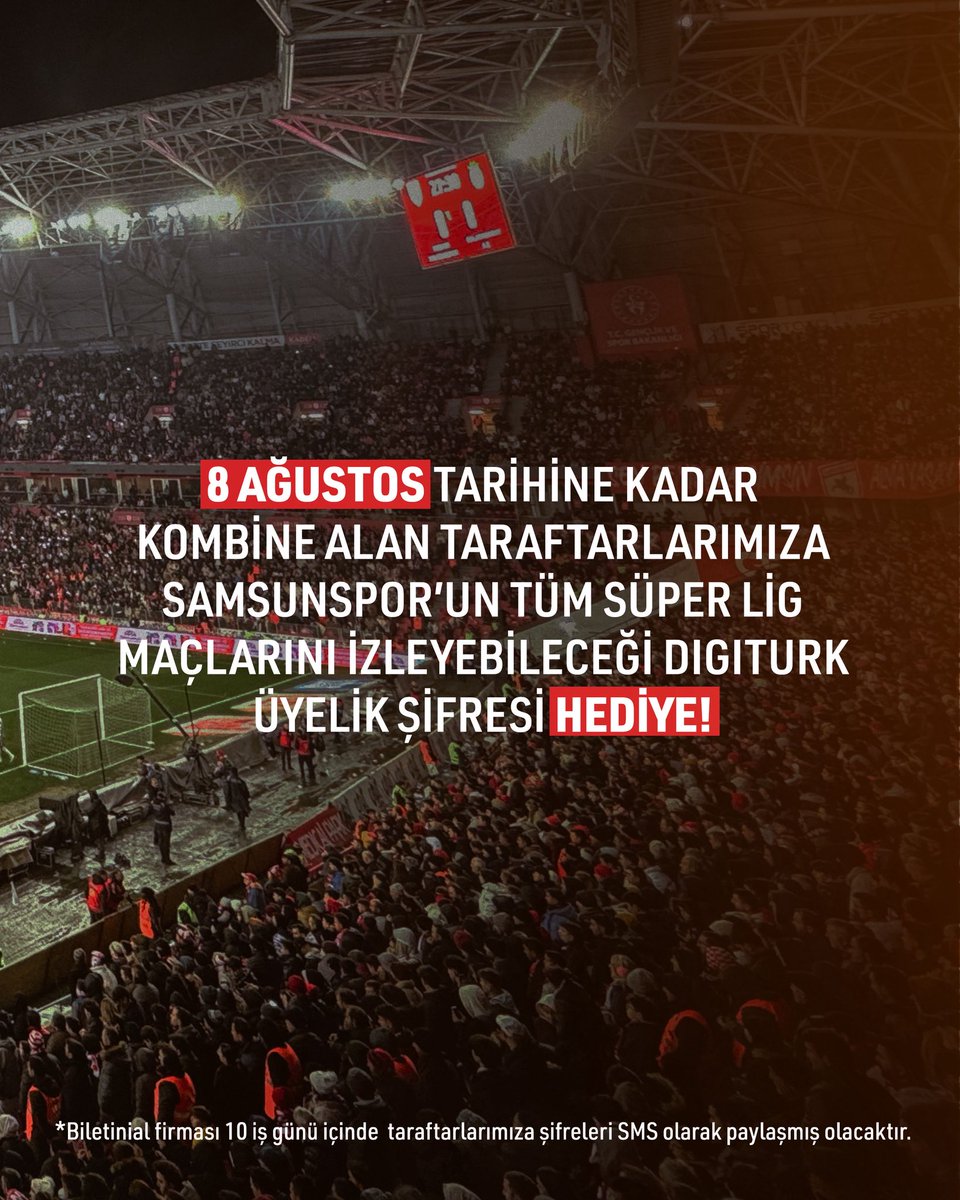 Samsunspor's tweet image. 🎟️ 2025-2026 Sezonu Kombineleri Genel Satışa Çıkıyor!
25 Temmuz Cuma günü saat 11.00 itibarıyla yeni sezon kombinelerini alabilir, bu tarihi sezonda yerini şimdiden ayırtabilirsin! 🔴⚪
• 8 Ağustos’a kadar kombine alan herkese Digiturk üyelik şifresi hediye!
• Kadın, öğrenci…