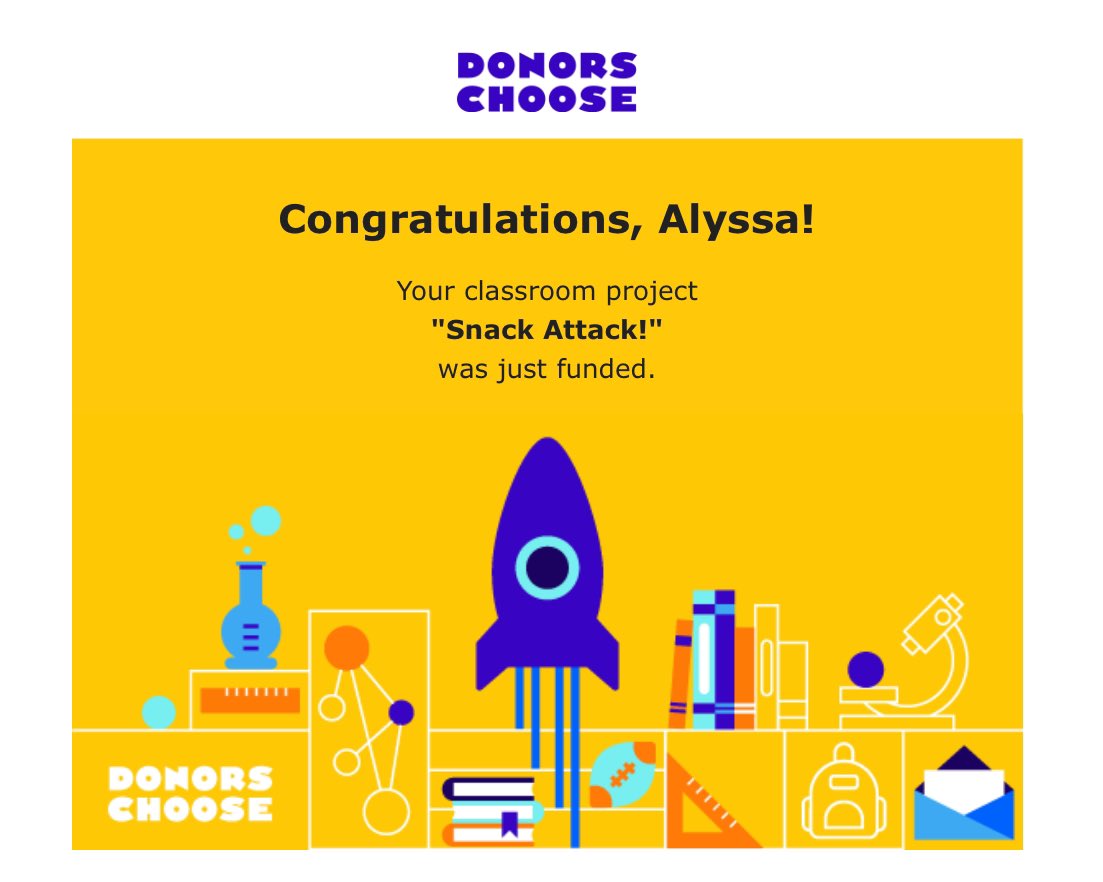 AlyssaCuevas_'s tweet image. My favorite inbox notifications are from @DonorsChoose 🤩 Can’t wait for my Space Rangers to have access to the yummiest snackies! @hisd_SRE