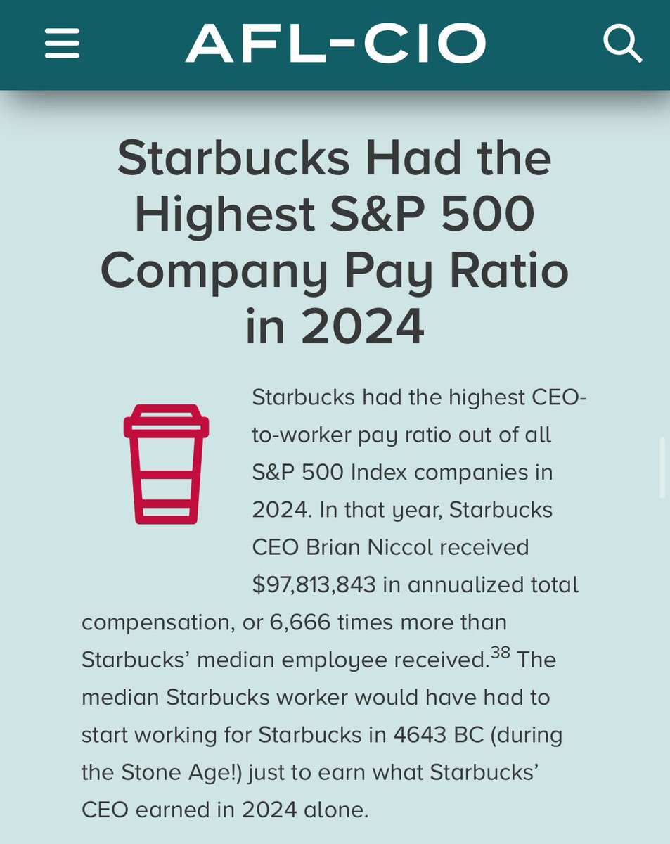 Starbucks’ CEO made 6,666x more than its median employee in 2024.

And we're supposed to believe that the company can't afford to bargain a fair contract for its unionized workers?