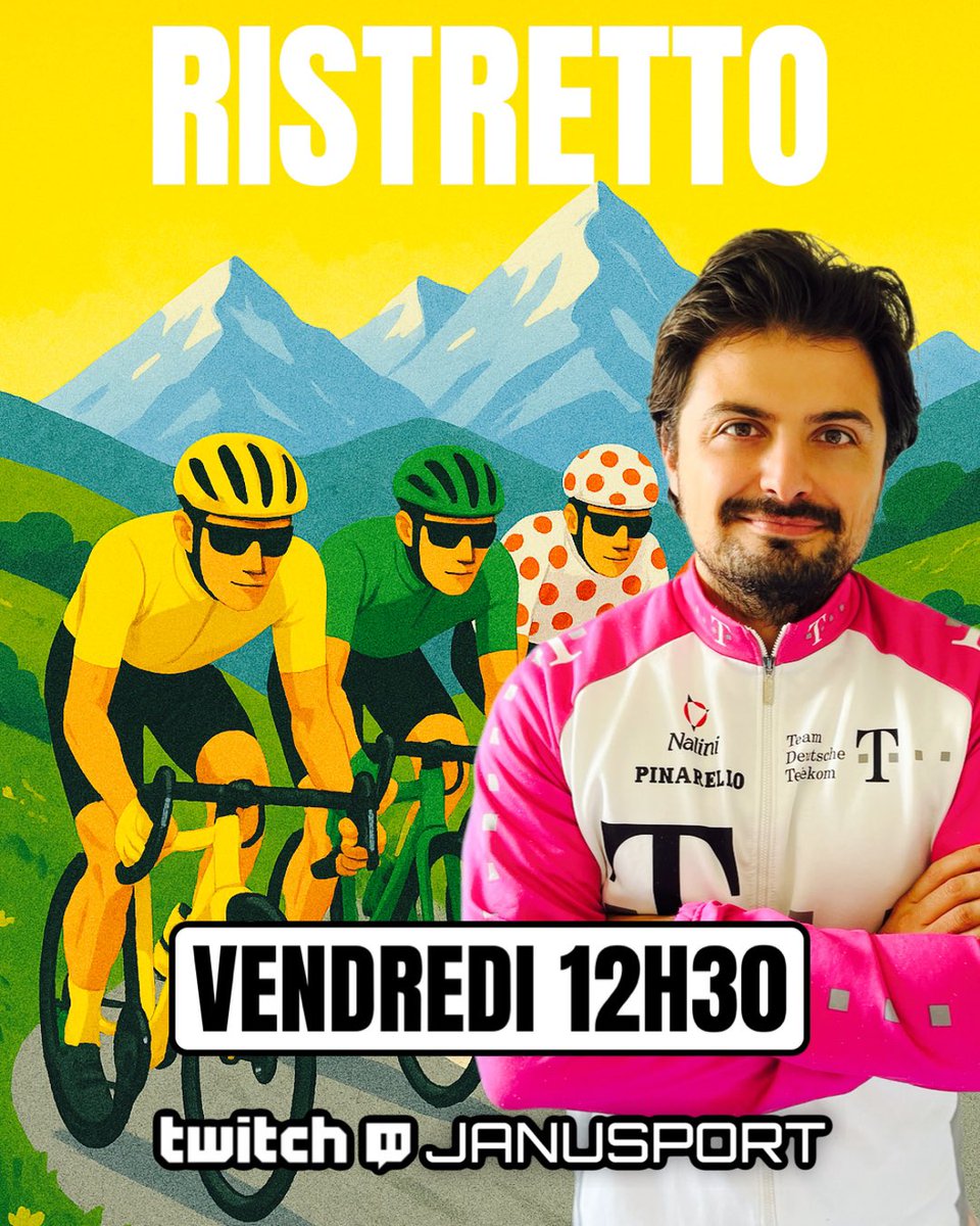 📍 Albertville &gt; La Plagne
🚴‍♂️ 19ème étape #TDF2025     
☕️ 12h30
🎥 Twitch.tv/Janusport

Vendredi, Ristretto + étape en intégrale ☕️ Dispositif sérieux pour la dernière étape de montagne 🏔️
