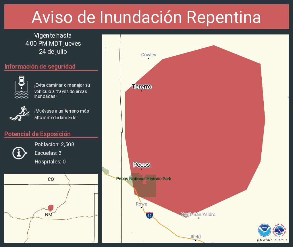 Aviso de Inundación Repentina incluye Pecos NM, East Pecos NM, Tererro NM hasta las 4:00 PM MDT