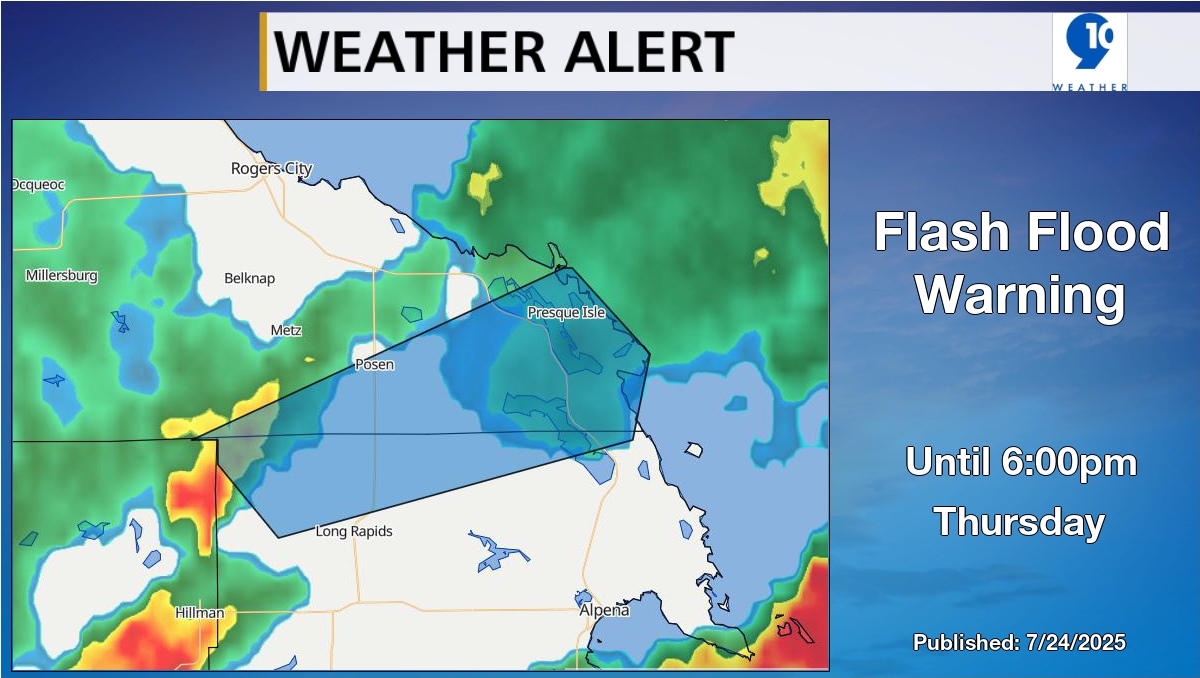 9and10News's tweet image. Weather Alert: Flash Flood Warning for Presque Isle County until 6:00pm Thursday. Head to bit.ly/3kIbkEc for Updates