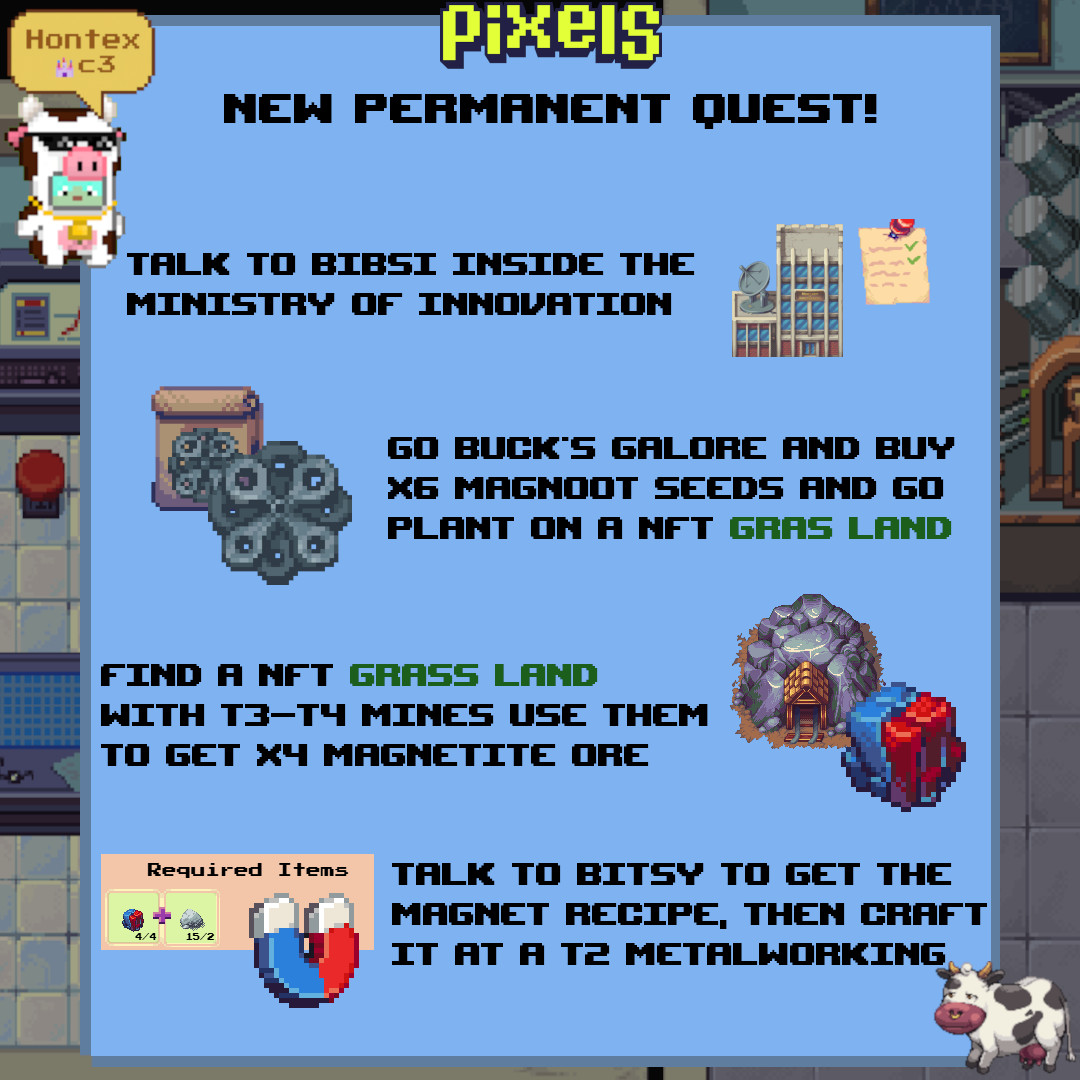 Hontex_'s tweet image. 🚨 NEW PERMANENT QUEST IN @pixels_online  (no expiry date) + NEW EXCLUSIVE CROP &amp;amp; MINERAL from GRASS NFT LAND! 

What do you need to activate it?
🧲 Complete Jack’s Shoulda, Wood-a, Coulda quest
🧲 Reach at least Level 30 in both Woodworking &amp;amp; Metalworking industries

What…