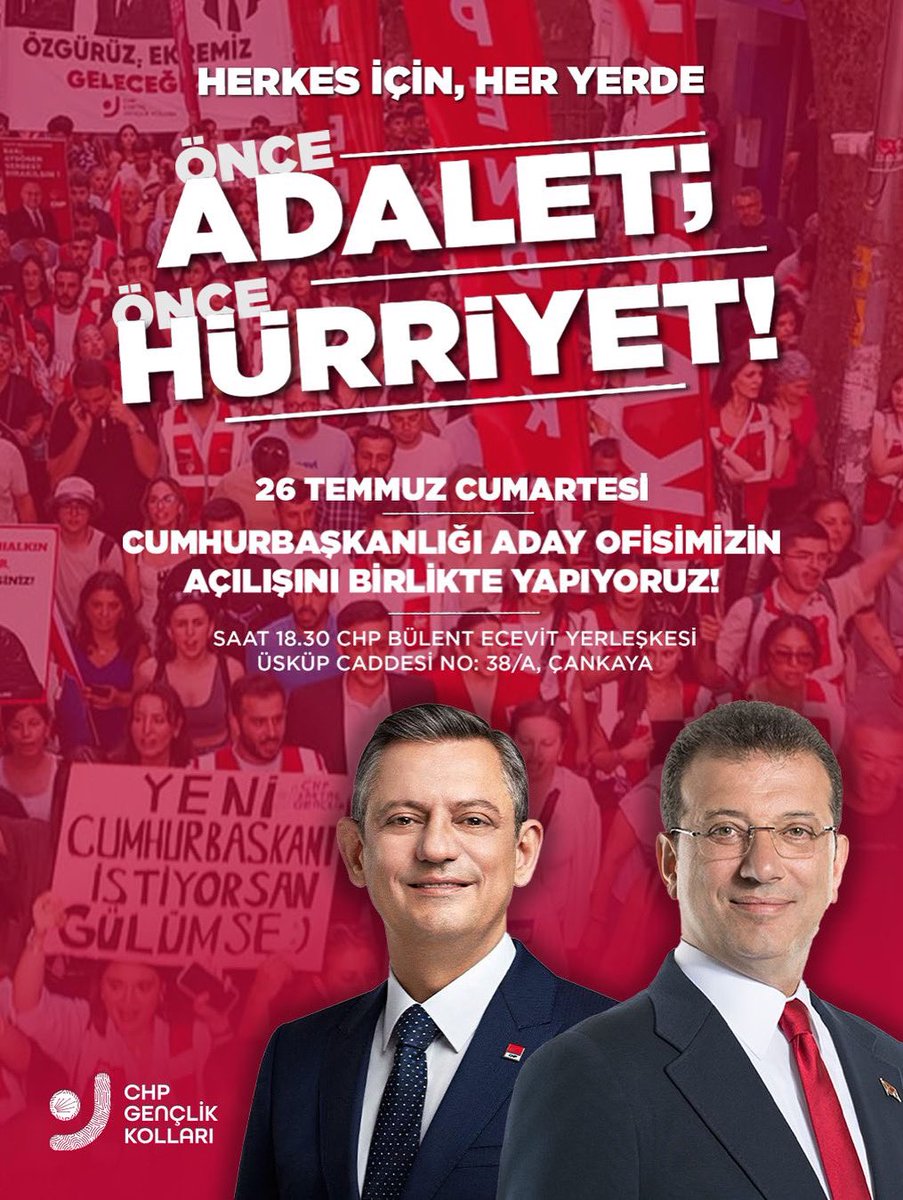 Adil ve özgür bir Türkiye’ye doğru, bir adım daha atıyoruz.

Genel Başkanımız Sayın Özgür Özel’in liderliğinde, Cumhurbaşkanlığı Aday Ofisi açılışını gerçekleştiriyoruz.

Cumhurbaşkanı Adayımız Ekrem İmamoğlu’nun sesi ve iktidar yürüşümüzüm gücü olacak ofisimizin açılışına tüm