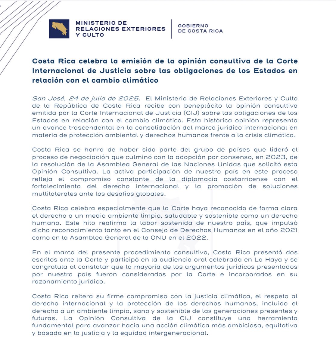 Costa Rica celebra la emisión de la opinión consultiva de la Corte Internacional de Justicia sobre las obligaciones de los Estados en relación con el cambio climático