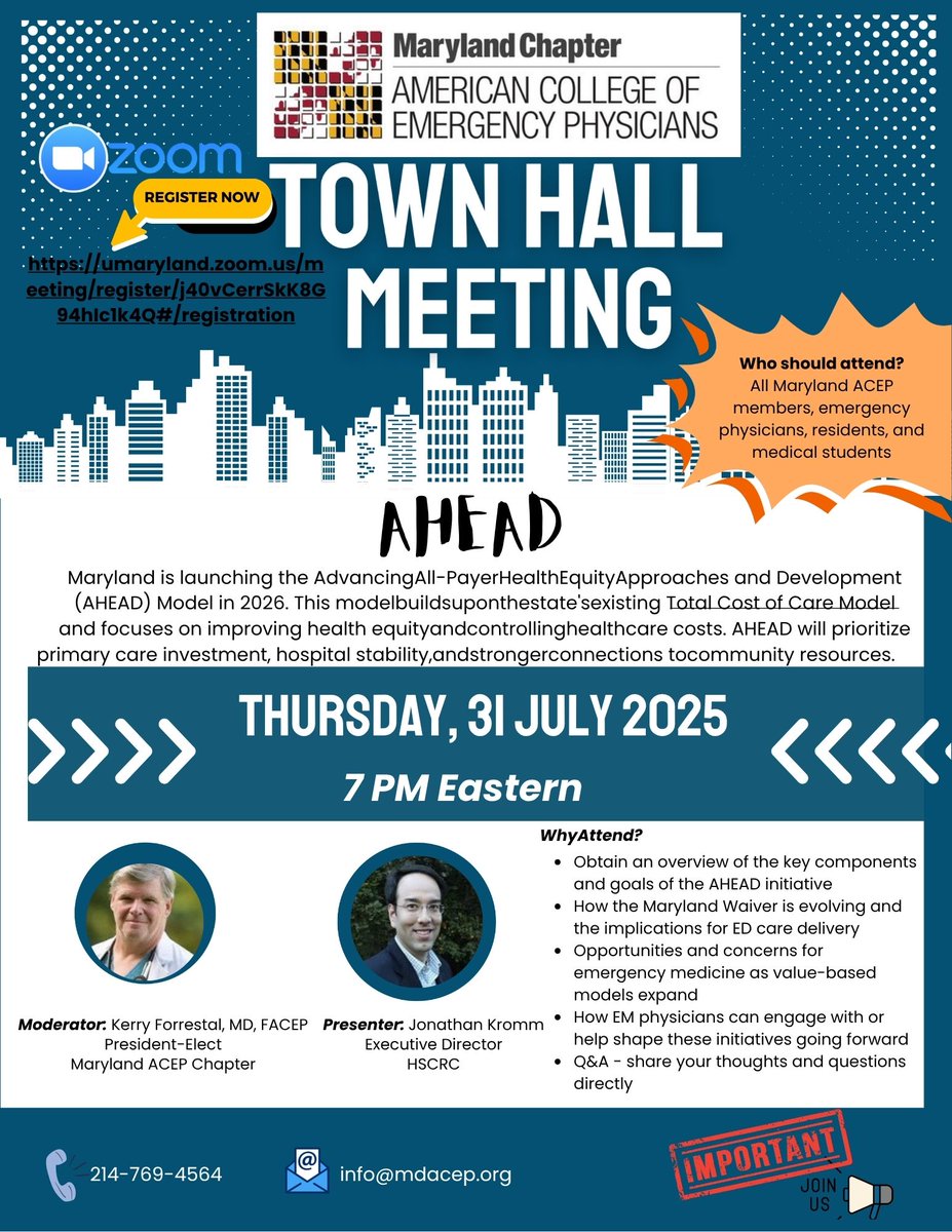 Maryland Emergency Physicians: AHEAD Could Possibly Impact Your Paycheck!

🗓️ Town Hall | 📍 Hosted by Maryland ACEP
📅 Wednesday, July 31st | ⏰ 7:00 PM ET

✅ What is AHEAD, could it affect your practice or your paycheck?

🔗 Register:
umaryland.zoom.us/meeting/regist…