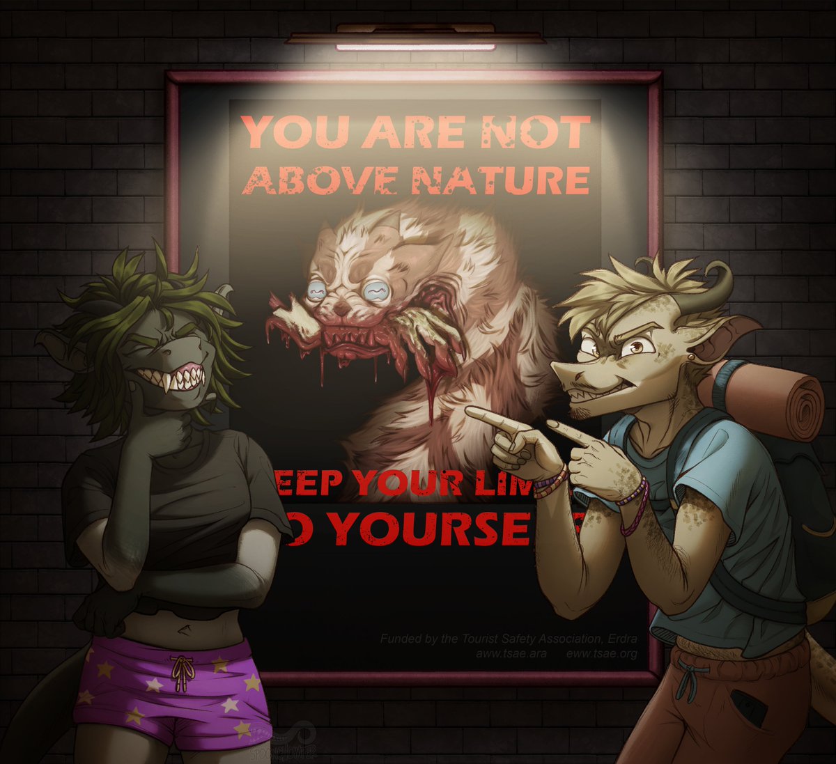 /watch out: blood
These two Cerulean tourists aren't taking Erdran cautionary posters seriously. Hopefully they're smarter than to wander into black-tape tunnels on their own....