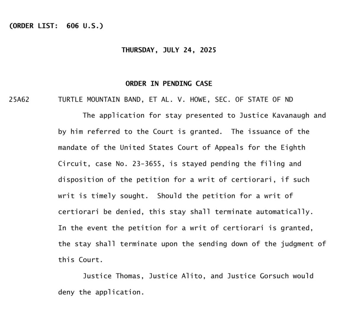 TQPurdon's tweet image. The Turtle Mountain Band and Spirit Lake Nation have secured a crucial stay order from SCOTUS.  

The current North Dakota legislative map will remain in place while Cert/Merits litigation takes place at SCOTUS.

#NativeVote @NDNrights @CampaignLegal @SellsBryan @ChairmanAzure ⚖️