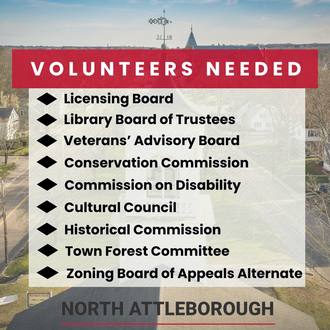 North Attleborough, MA (@nattleboro) on Twitter photo 🚨 The Town of North Attleborough needs YOU! We're looking for residents to serve on local boards, committees & commissions. Make a difference in your community. Apply Today!
📲 Forms available on the Town Manager’s page:
📩 Email: kbillingkoff@nattleboro.com 🚨 The Town of North Attleborough needs YOU! We're looking for residents to serve on local boards, committees & commissions. Make a difference in your community. Apply Today!
📲 Forms available on the Town Manager’s page:
đź“© Email: kbillingkoff@nattleboro.com