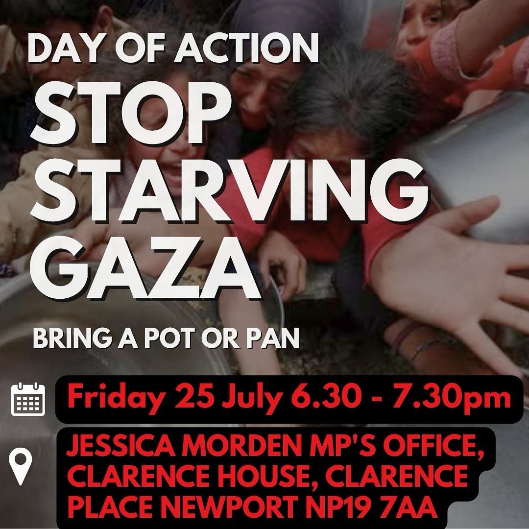 NewportPSC's tweet photo. ALL OUT THIS FRIDAY
BRING POTS & PANS
SUPPORT EMERGENCY NATIONAL DAY OF ACTION

Palestinians in Gaza are being starved to death under Israel’s brutal blockade — a deliberate policy of mass starvation as a weapon of war.

We’ve seen the images: emaciated children, empty pots, and desperate queues gunned down while waiting for food. Nearly 1,000 Palestinians have been killed just trying to eat.

And yet our government continues to arm Israel — complicit in this genocide.

Our message is clear: Stop starving Gaza. Stop arming Israel. End the complicity now.

✅ PLEASE SHARE WIDELY 

✅ BRING FLAGS AND PLACARDS