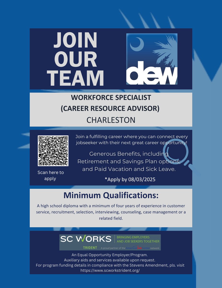 SC DEW is hiring for a Workforce Specialist (Career Resource Advisor) in Charleston to make an impact on your community across Berkeley, Charleston, and Dorchester counties. This position closes Sunday, August 3, 2025