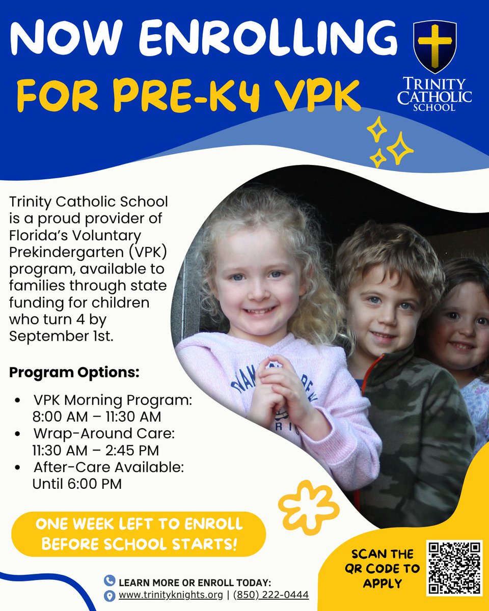 Just 2 weeks left to enroll in our Pre-K4 VPK program before school starts at Trinity! Give your child a faith-filled, joyful start - potentially covered by Florida’s VPK voucher. 🏫✨ Learn more: trinityknights.org #trinitycatholic #trinityknights #tcs #tallahassee
