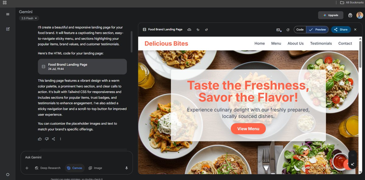 Thepenman9's tweet photo. Worked on this for @alx_africa's Week 3 project today. 
Landing page for a food brand using Google Gemini
#ALX_AiSK https://t.co/9oe7nP7WTv