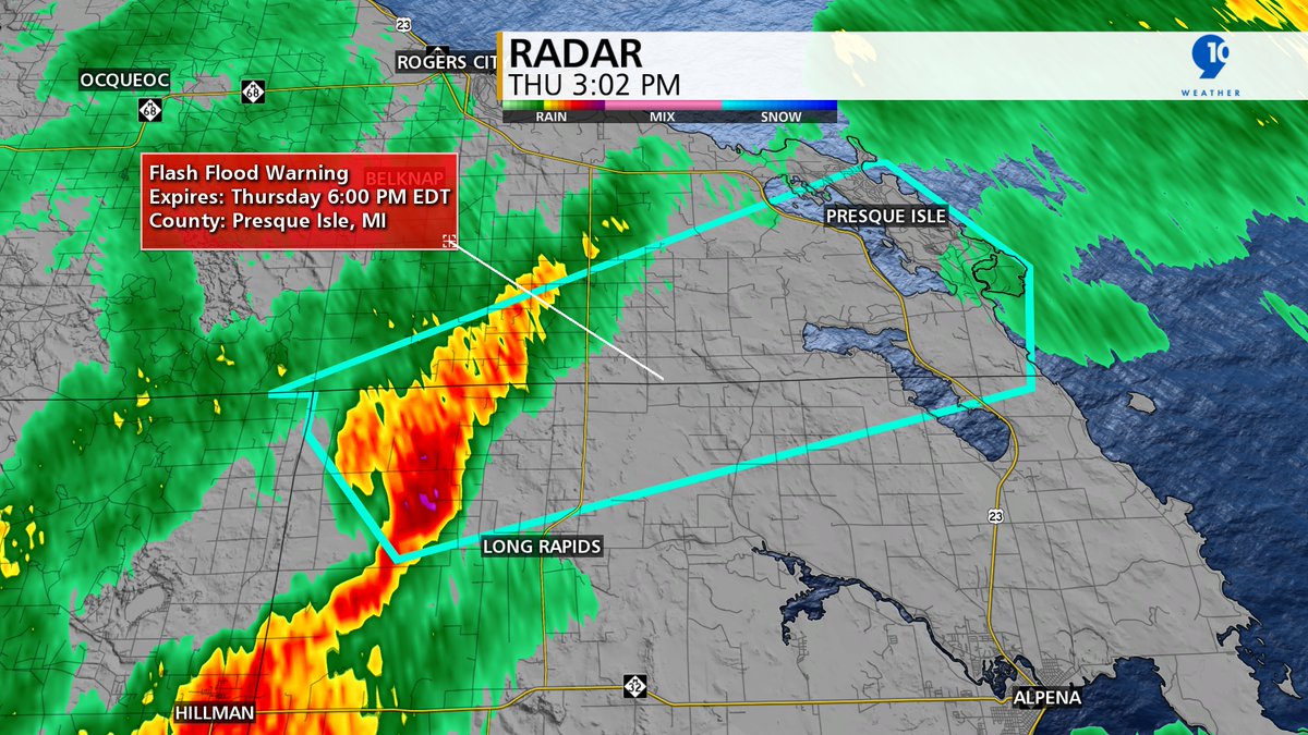 9and10News's tweet image. FLASH FLOOD WARNING HAS BEEN ISSUED FOR SOUTHEASTERN PRESQUE ISLE AND NORTHERN ALPENA COUNTIES UNTIL 6PM. 1-2" OF RAIN HAS RECENTLY FALLEN SWELLING CREEKS AND RIVERS AND CREATING STANDING WATER.