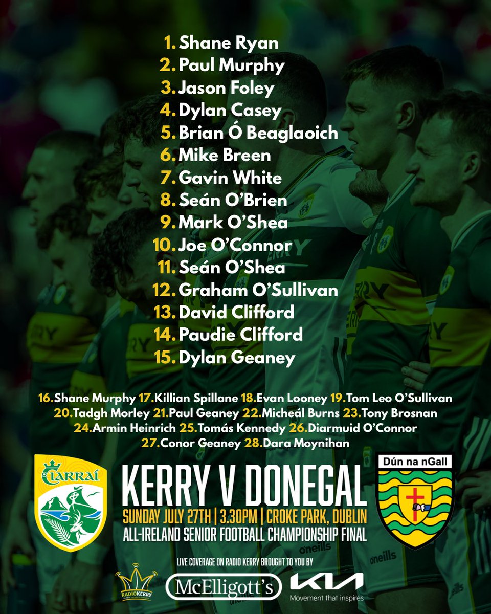 Kerry have announced their team to take on Donegal in the All-Ireland Senior Football Championship Final at Croke Park this Sunday

Live coverage on Radio Kerry is brought to you by McElligott's Kia Tralee