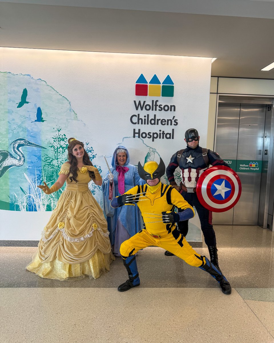 WolfsonChildren's tweet image. ✨💛 A little bit of magic made its way through Wolfson Children’s Hospital thanks to our friends at Costumers With a Cause!
Belle, the Fairy Godmother, Captain America and Wolverine stopped by to bring smiles, hugs and hero moments to our patients. We’re so grateful for the joy…