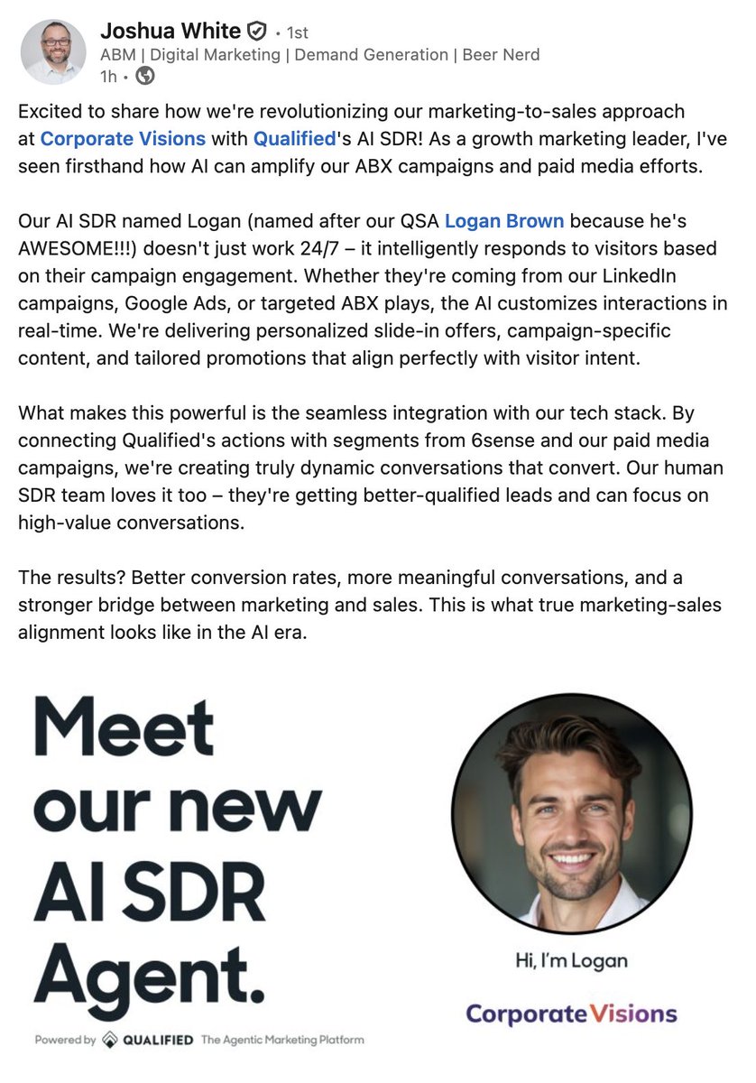 Dan Darcy (@dandarcy) on Twitter photo And again, we have another AI SDR out there in the wild...this time for <a href="/corpv/">Corporate Visions</a> and Logan, their AI SDR that's helping them deliver personalized slide-in offers on their website (and in email) and tailored promotions that align perfectly with visitor intent!
We are honored And again, we have another AI SDR out there in the wild...this time for <a href="/corpv/">Corporate Visions</a> and Logan, their AI SDR that's helping them deliver personalized slide-in offers on their website (and in email) and tailored promotions that align perfectly with visitor intent!
We are honored