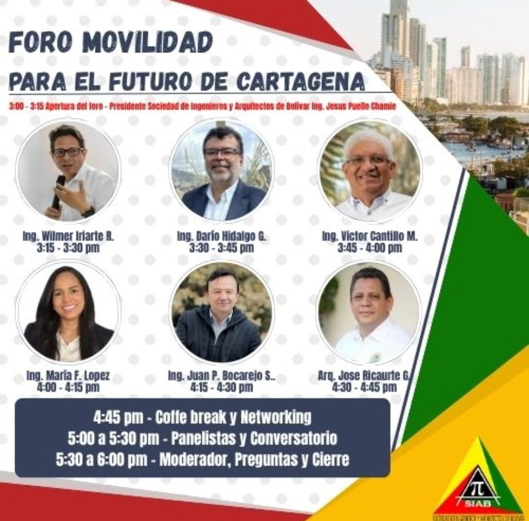 Dario Hidalgo Guerrero 🇨🇴 (@dhidalgo65) on Twitter photo Hoy en la Sociedad de Ingenieros y Arquitectos de Bolívar
Foro Movilidad
Para el Futuro de Cartagena
Wimer Iriarte
Victor Cantillo <a href="/UninorteCO/">Universidad del Norte</a>
María Fernanda López <a href="/mafeaneic/">Maria Fernanda Lopez</a> <a href="/TransitoMtr/">Secretaría de Tránsito de Montería</a>
<a href="/Bocarejo_JP/">Juan Pablo Bocarejo</a> <a href="/UniandesCIAM/">Ingeniería Civil / Ambiental Uniandes</a>
José Ricaurte
Y 🙋🏻♂️ <a href="/pujingenieria/">Ingeniería Javeriana</a> <a href="/UniJaveriana/">Pontificia Universidad Javeriana</a> Hoy en la Sociedad de Ingenieros y Arquitectos de Bolívar
Foro Movilidad
Para el Futuro de Cartagena
Wimer Iriarte
Victor Cantillo <a href="/UninorteCO/">Universidad del Norte</a>
María Fernanda López <a href="/mafeaneic/">Maria Fernanda Lopez</a> <a href="/TransitoMtr/">Secretaría de Tránsito de Montería</a>
<a href="/Bocarejo_JP/">Juan Pablo Bocarejo</a> <a href="/UniandesCIAM/">Ingeniería Civil / Ambiental Uniandes</a>
José Ricaurte
Y 🙋🏻♂️ <a href="/pujingenieria/">Ingeniería Javeriana</a> <a href="/UniJaveriana/">Pontificia Universidad Javeriana</a>