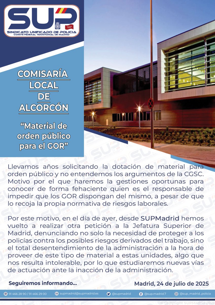 supmadrid's tweet image. 📍Comisaría de #Alcorcón ⚠️
❌ ¡Años reclamando material para el #GOR y seguimos sin respuesta‼️
❌️ El abandono de la #JefaturaSuperior pone en riesgo a los compañeros 🤷🏻♂️ demostrando un total #DesamparoInstitucional
🔊 Desde #SUPMadrid exigimos soluciones YA #SupDenuncia