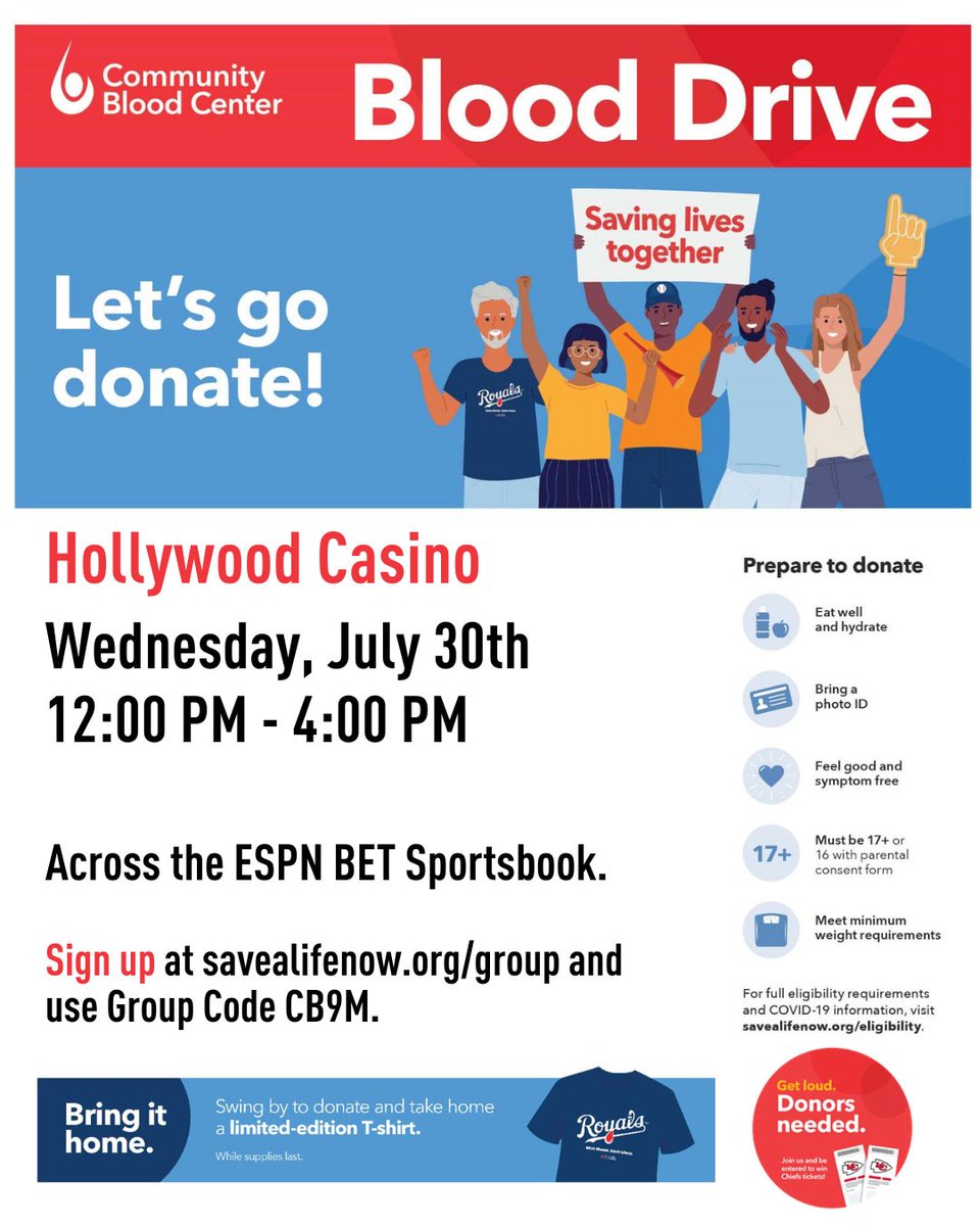 Hollywood Casino is proud to host a Community Blood Center Blood Drive on Wednesday, July 30th from 12pm - 4pm. Find us across from the ESPN BET Sportsbook, give blood and save lives! 🩸

Visit bit.ly/3oeSvrg and use code CB9M to schedule your donation time today!