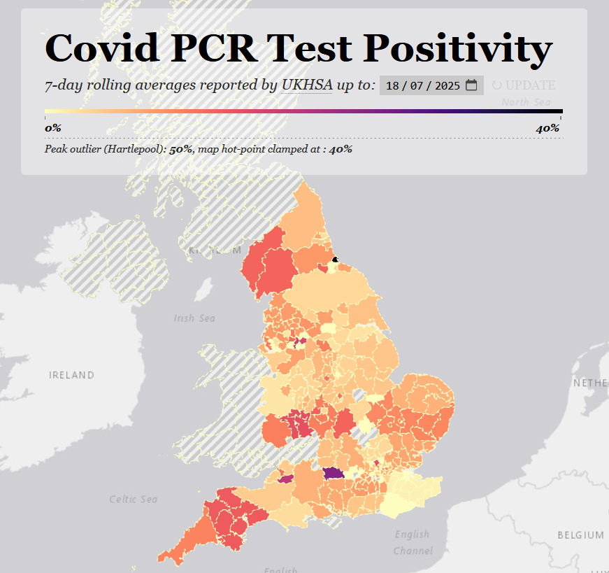 The PCR positivity map is out.

National positivity is up another 0.3 to 6.3%, and in my view that figure is certainly lower than the actual level.

I'll explain why in what follows.

jamestindall.info/skeuomorpholog…

1/8