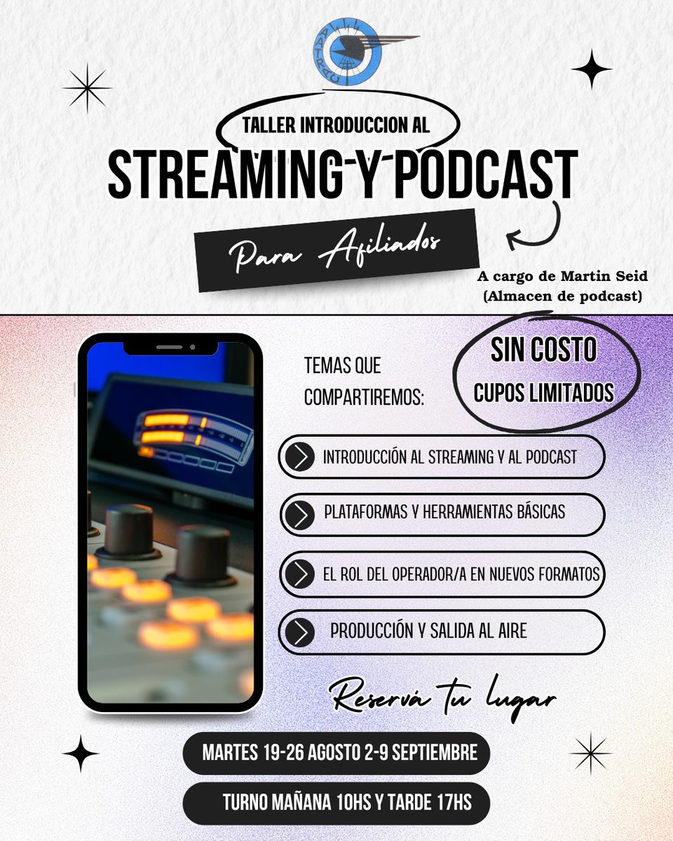 🚨Curso de capacitación en Streaming y Podcast para operadores de estudios de servicios de comunicación audiovisual.
El mismo es gratuito y sólo para afiliados de AATRAC.
Cupos limitados.

Para inscripciones llenar el formulario del siguiente link:

docs.google.com/forms/d/e/1FAI…